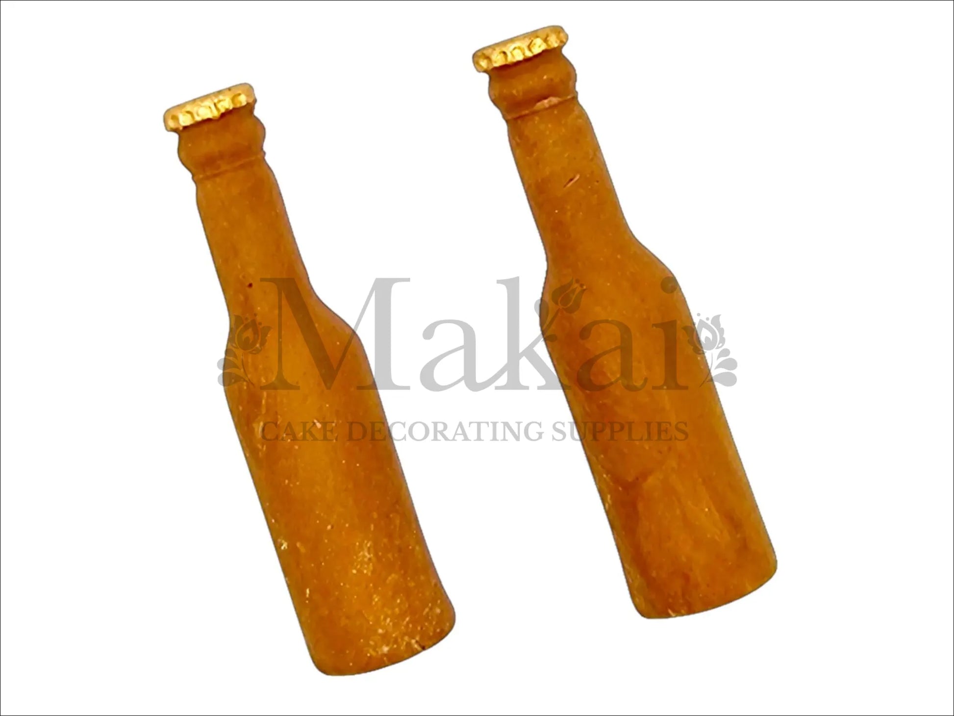 Two edible brown beer bottle cake toppers for men’s birthday or pub‑themed cakes.