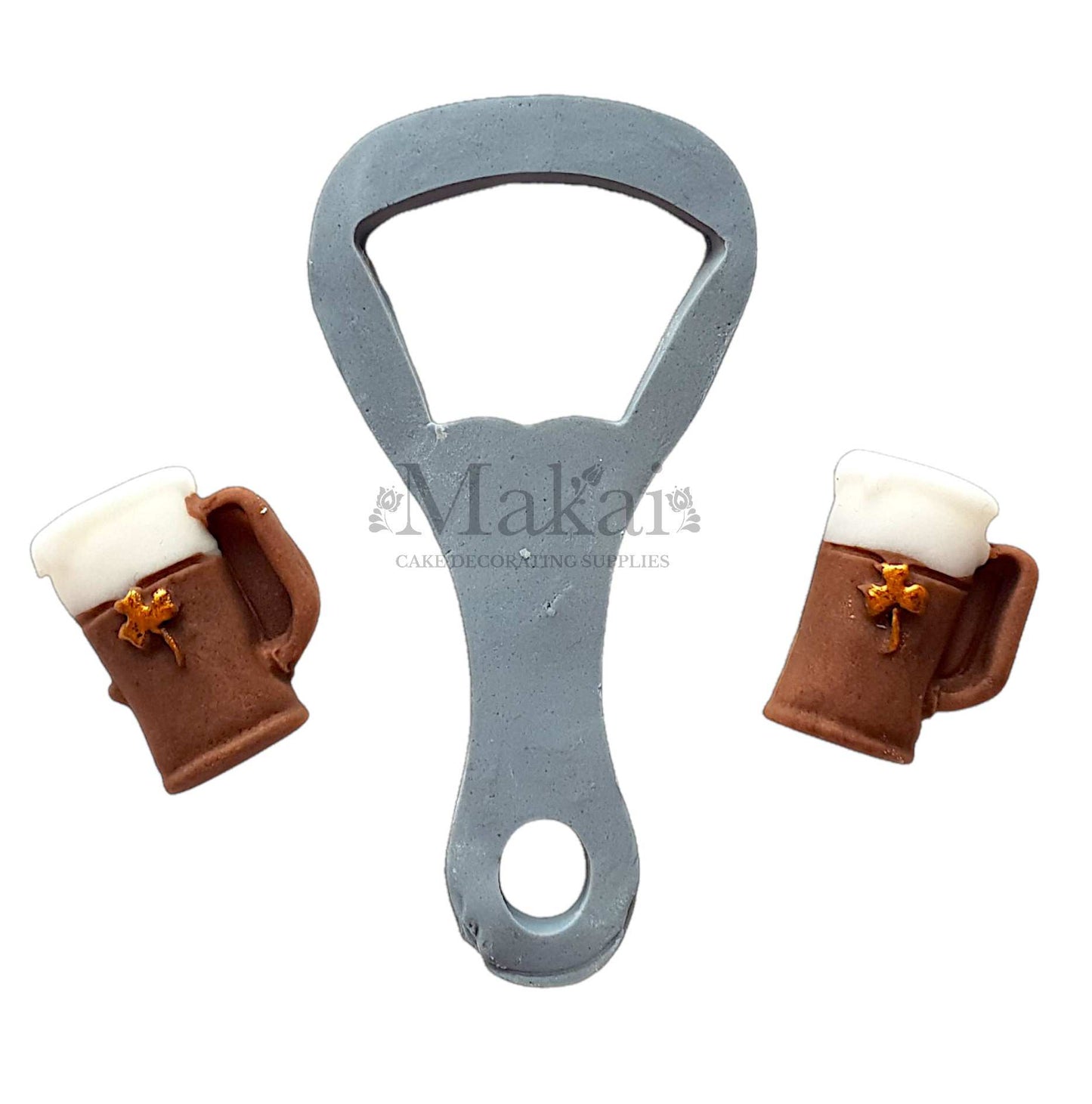 Edible brown beer mug and bottle opener cake topper set – Makai Cake Decorating Supplies
