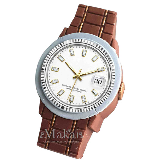 Brown gentleman watch cake topper with gold details and silver watch face