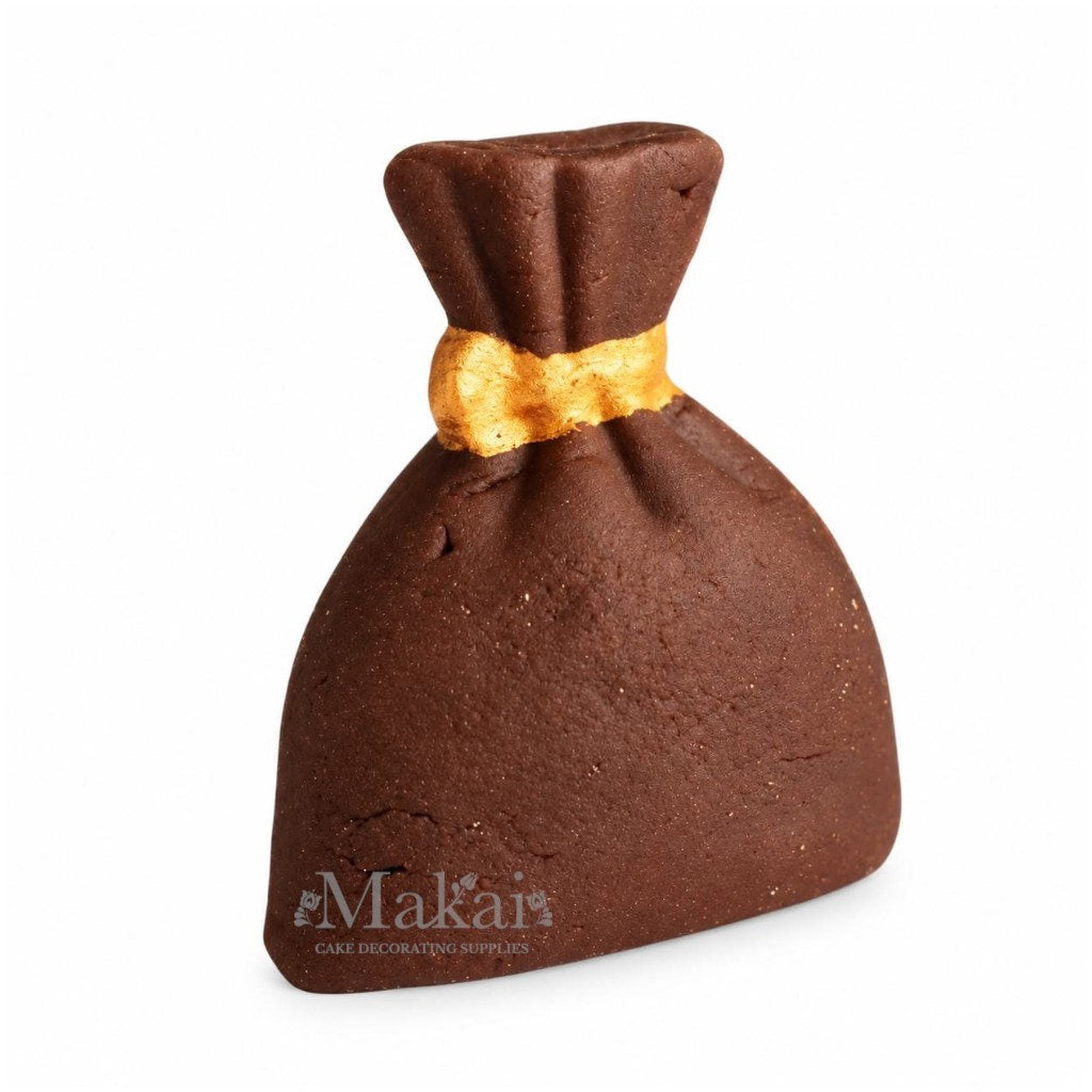 Brown 3D fondant sack cake decoration with gold tie detail