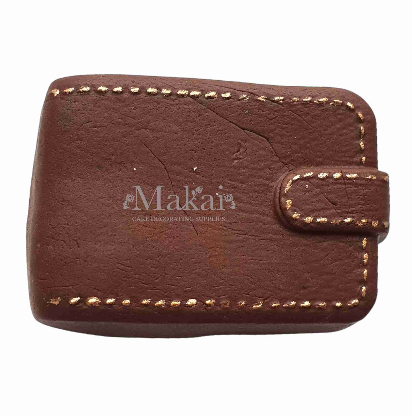 Brown gentleman wallet cake topper with gold stitching details