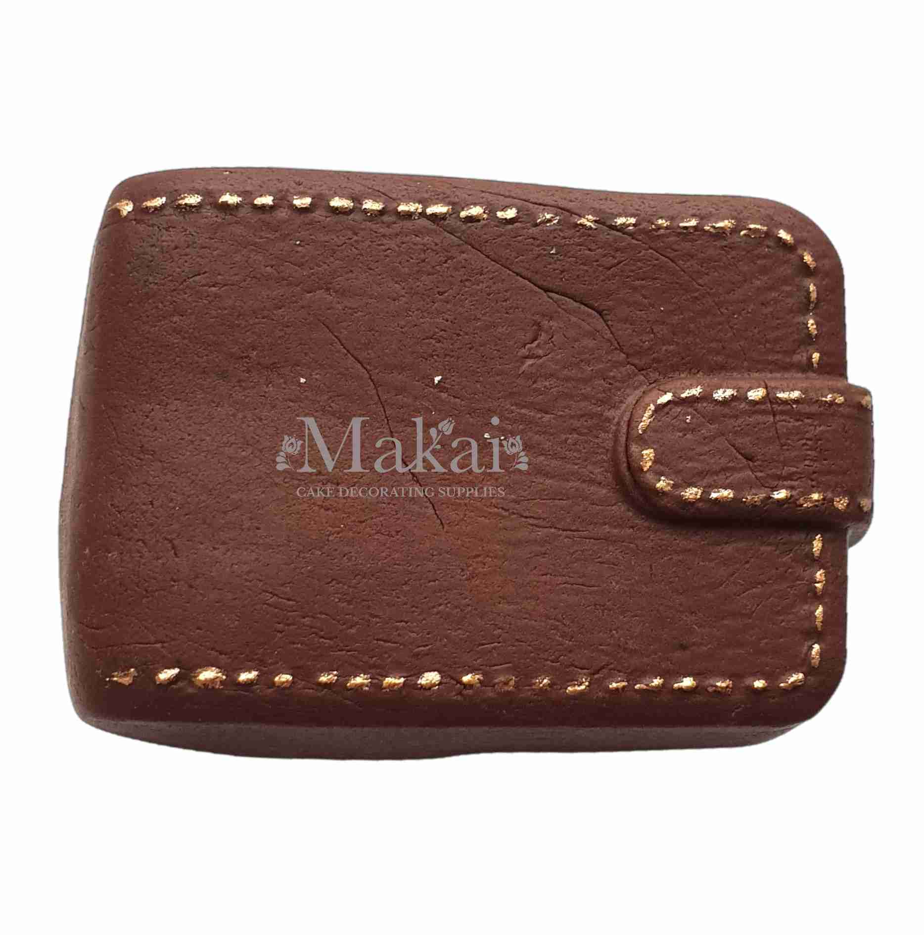 Brown gentleman wallet cake topper with gold stitching details