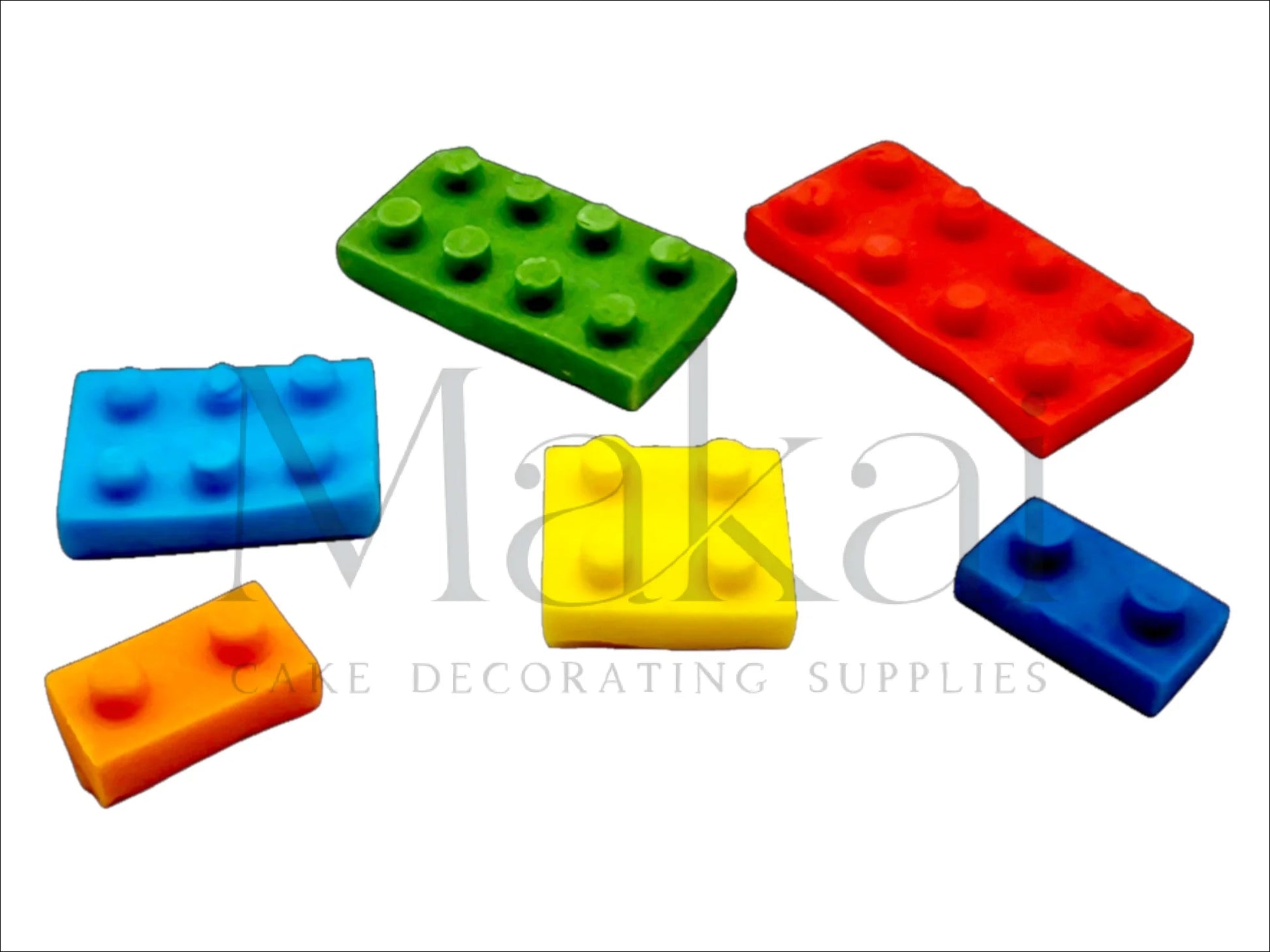 Edible colourful building block toppers in red, green, blue, yellow and orange – fondant cake decorations