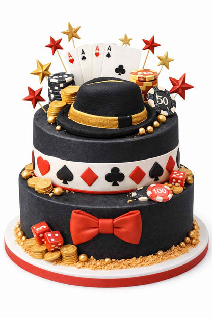 Casino themed cake with black and gold gentleman hat cake topper, elegant luxury style