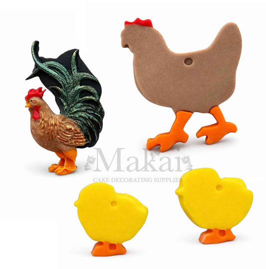 Set of chicken-shaped cake decorations with rooster on a white background
