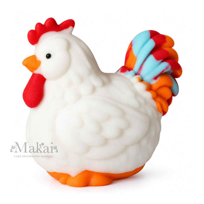Colourful chicken fondant cake topper with white red orange and blue details for farm themed cakes