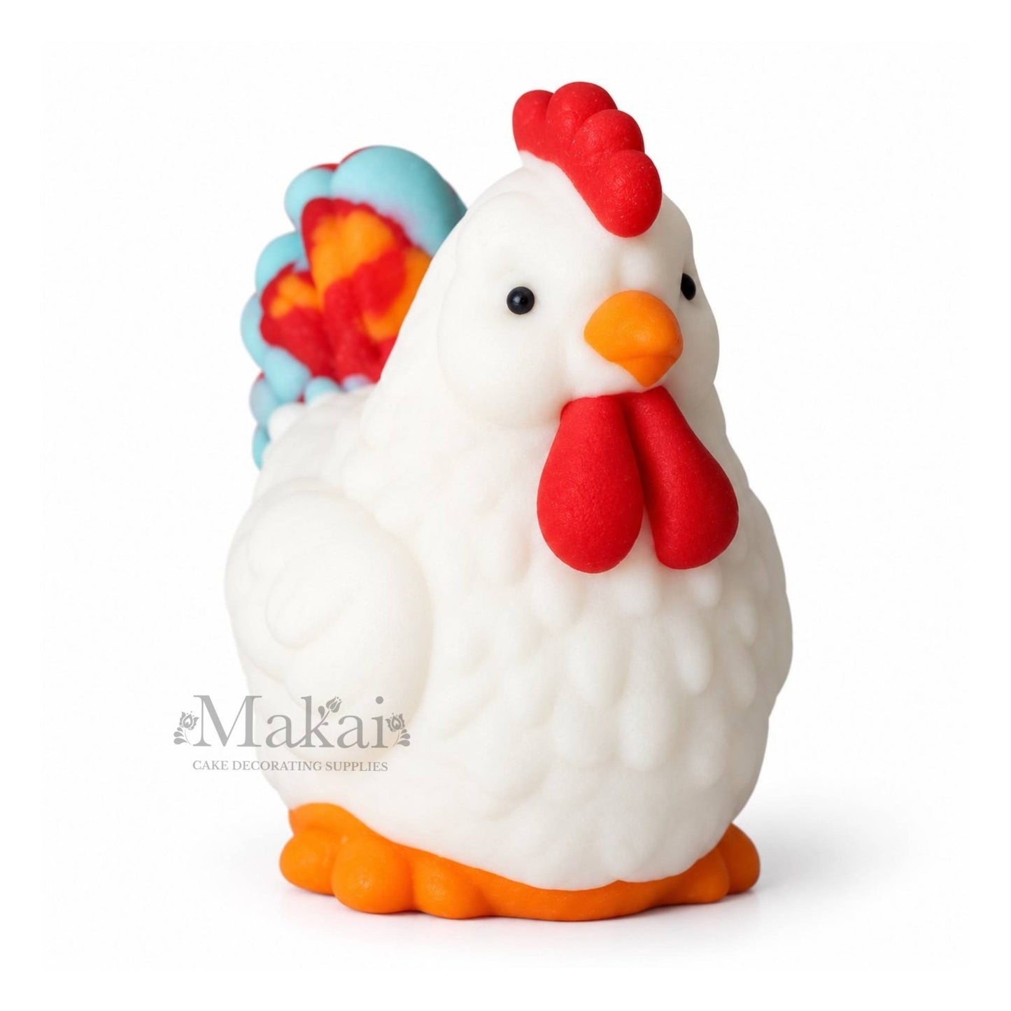 Colourful chicken fondant cake topper with white red orange and blue details for farm themed cakes