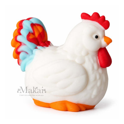 Colourful chicken fondant cake topper with white red orange and blue details for farm themed cakes