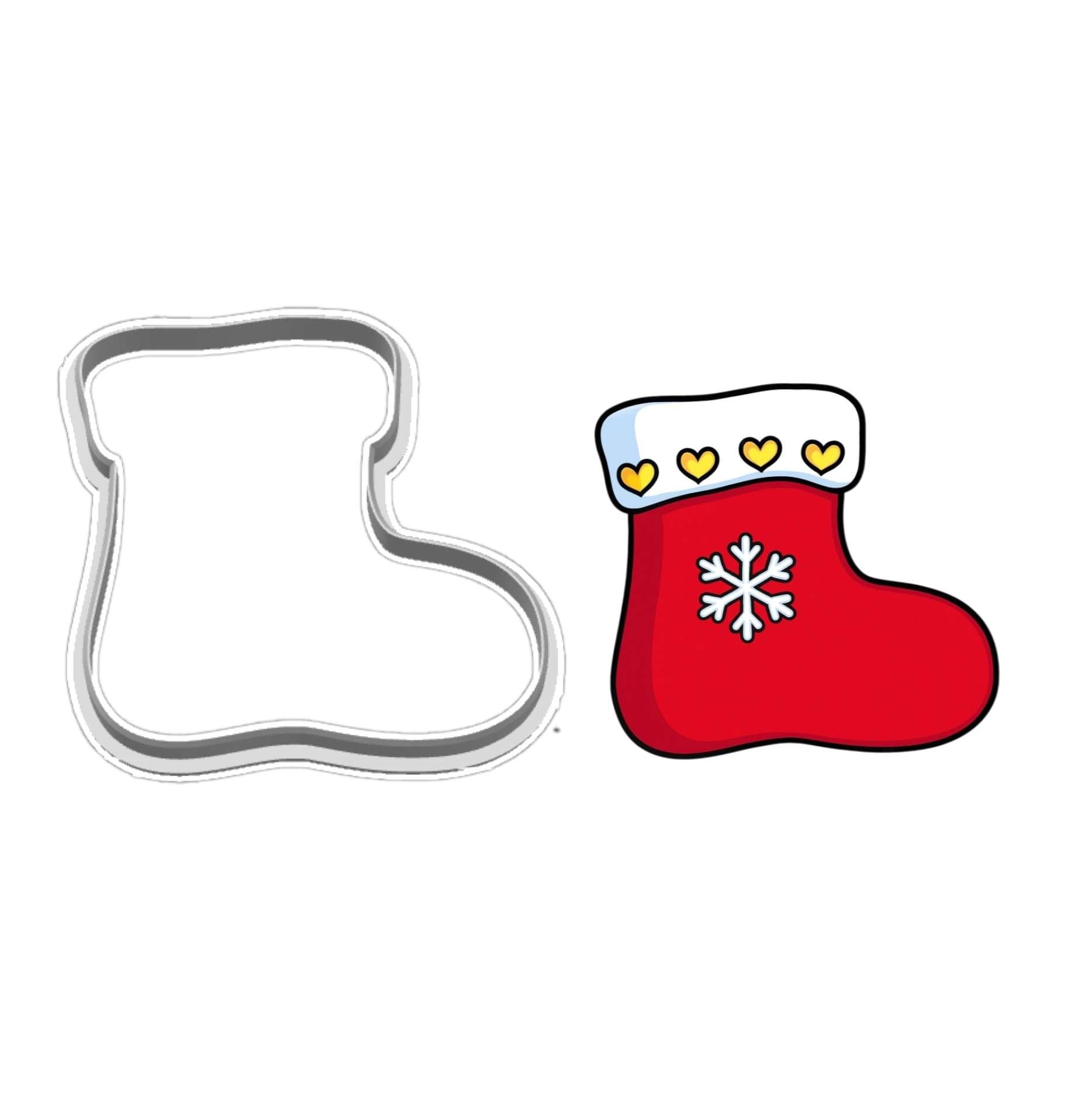 Christmas stocking cookie cutter with matching decorated stocking design, shown side by side.