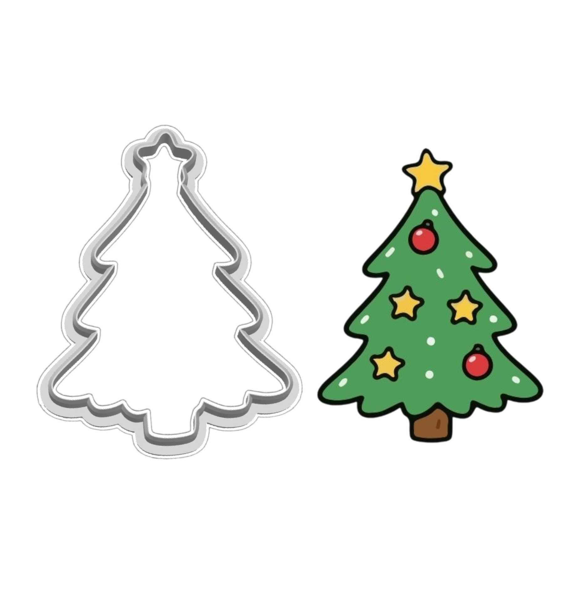 Christmas tree cookie cutter next to a matching decorated Christmas tree illustration.
