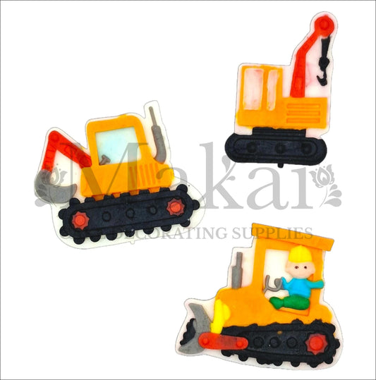 Edible fondant construction vehicle cake toppers: digger, crane and bulldozer with driver, ideal for construction‑themed cakes.