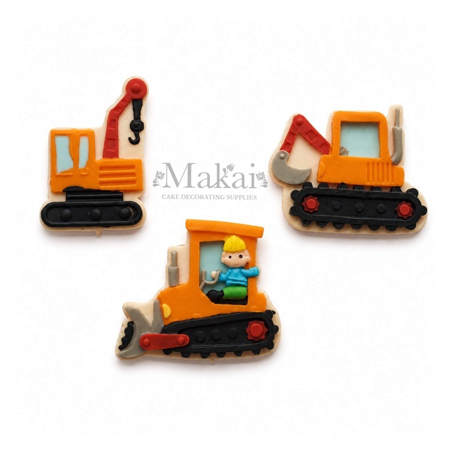 Edible fondant construction vehicle cake toppers: digger, crane and bulldozer with driver, ideal for construction‑themed cakes.