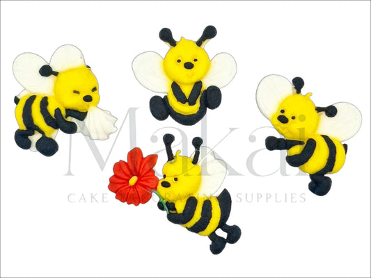 Cute yellow and black fondant bee cake toppers with wings and flower – edible decorations