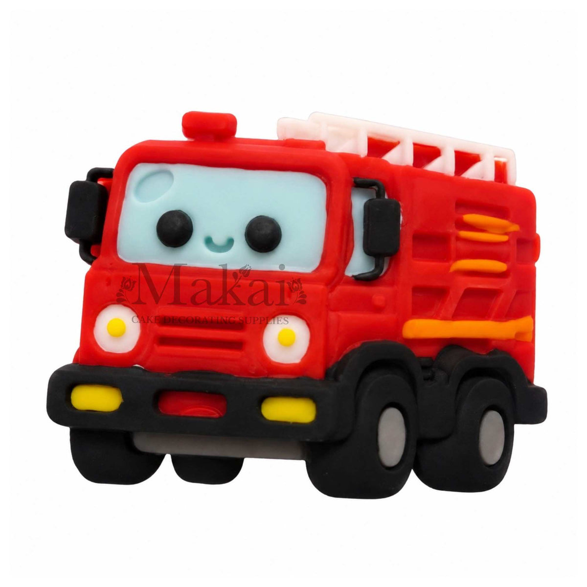 Handmade red fire engine fondant cake topper with friendly face, white ladder, black wheels and colourful emergency details.