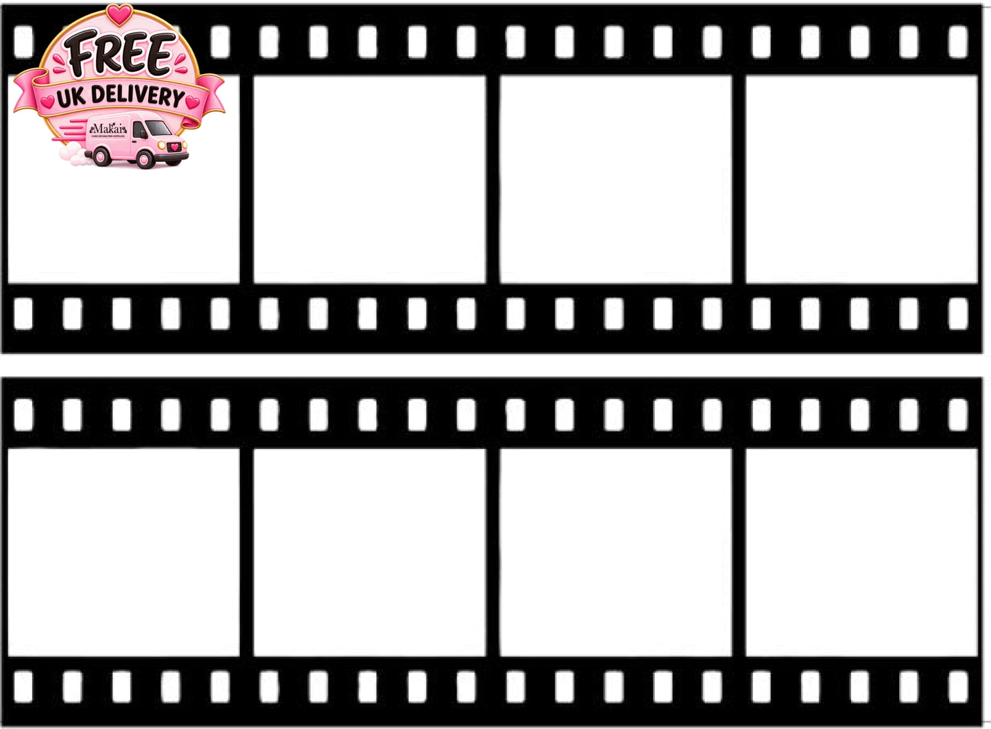 Blank edible film strip template with two horizontal strips, each containing four frames, designed for custom photo cake toppers.