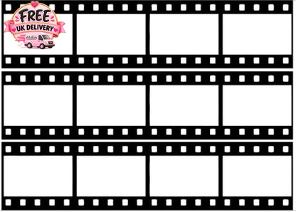 Blank edible film strip template with three horizontal strips, each containing four frames, used for personalised photo cake printing.