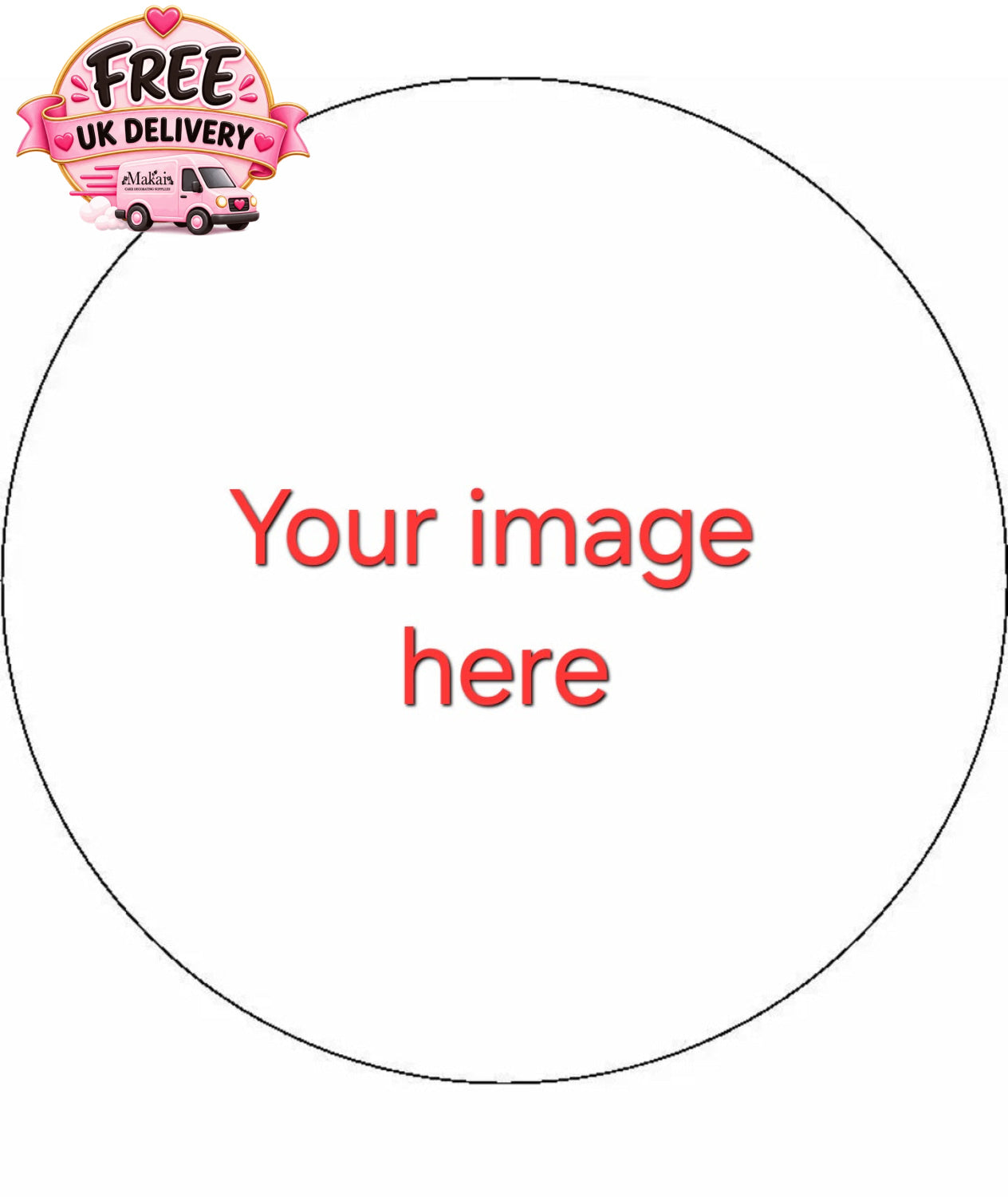 Circle edible print template with 'Your Image Here' text, indicating customizable wafer or icing sheet for cakes and desserts.