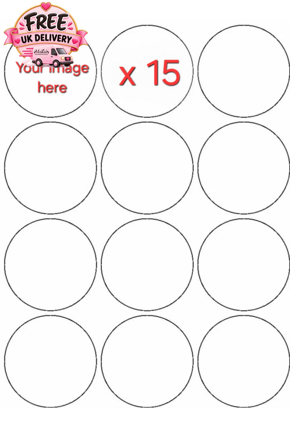 15 Small Circles edible print template with 'Your Image Here' text, indicating customizable wafer or icing sheet for cakes and desserts.