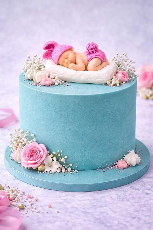 Turquoise baby cake with pink sleeping baby girl topper
