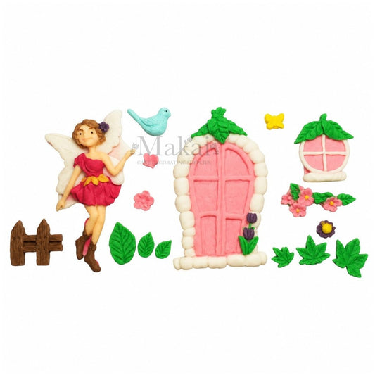 Handmade fairy door fondant cake decoration set with fairy, pink door, flowers, leaves, bird and woodland details