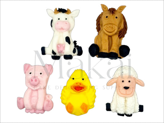 Edible farm animal cake toppers – pig, chicken, cow, horse, and lamb