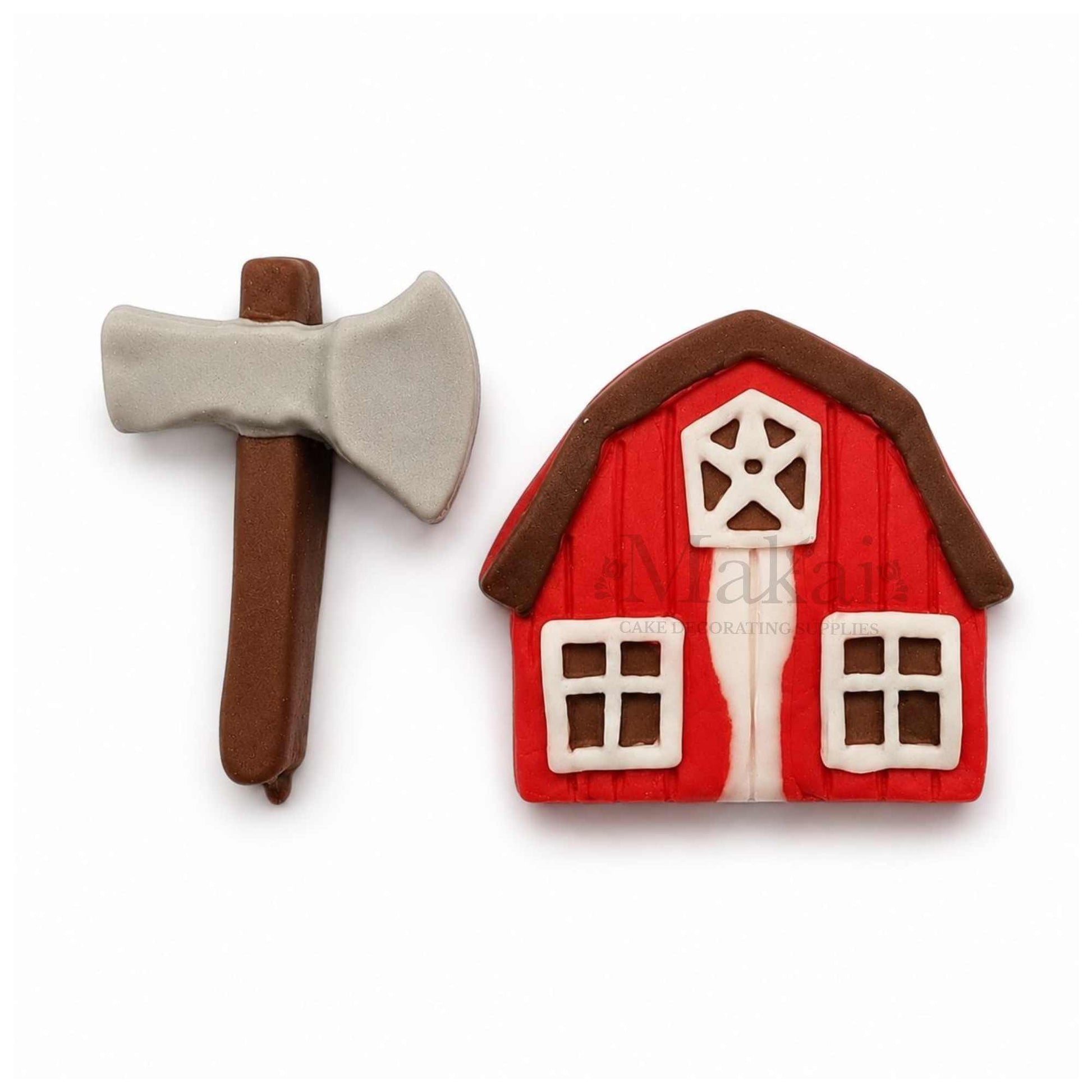 Red fondant farm barn and axe cake decoration set for farm themed birthday cakes
