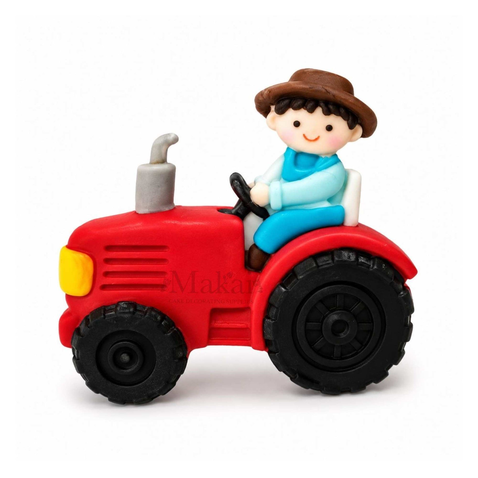 Red tractor with farmer fondant cake decoration for farm themed birthday cakes