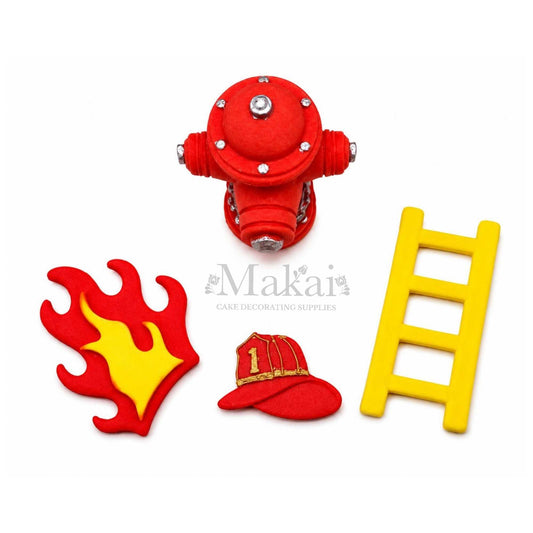 Set of fire-themed cake decorations including a red hydrant, yellow ladder, red flame, and red fire helmet on a white background. 