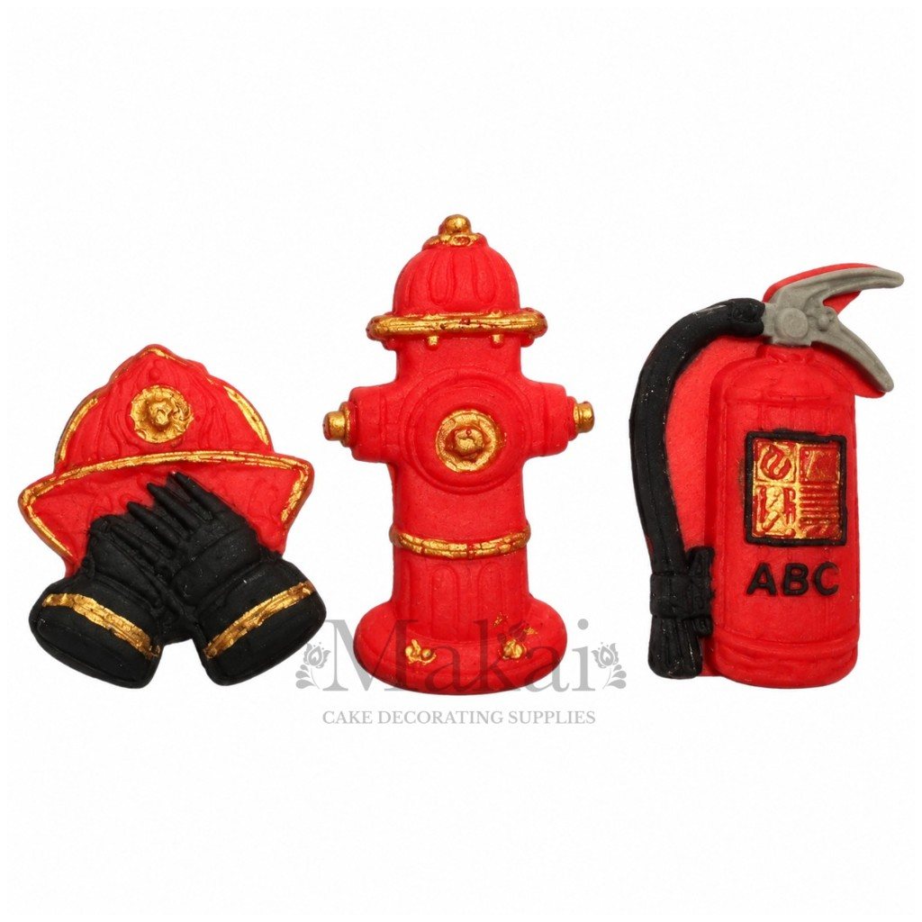 Handmade firefighter fondant cake decoration set with red helmet, black gloves, fire hydrant and fire extinguisher.