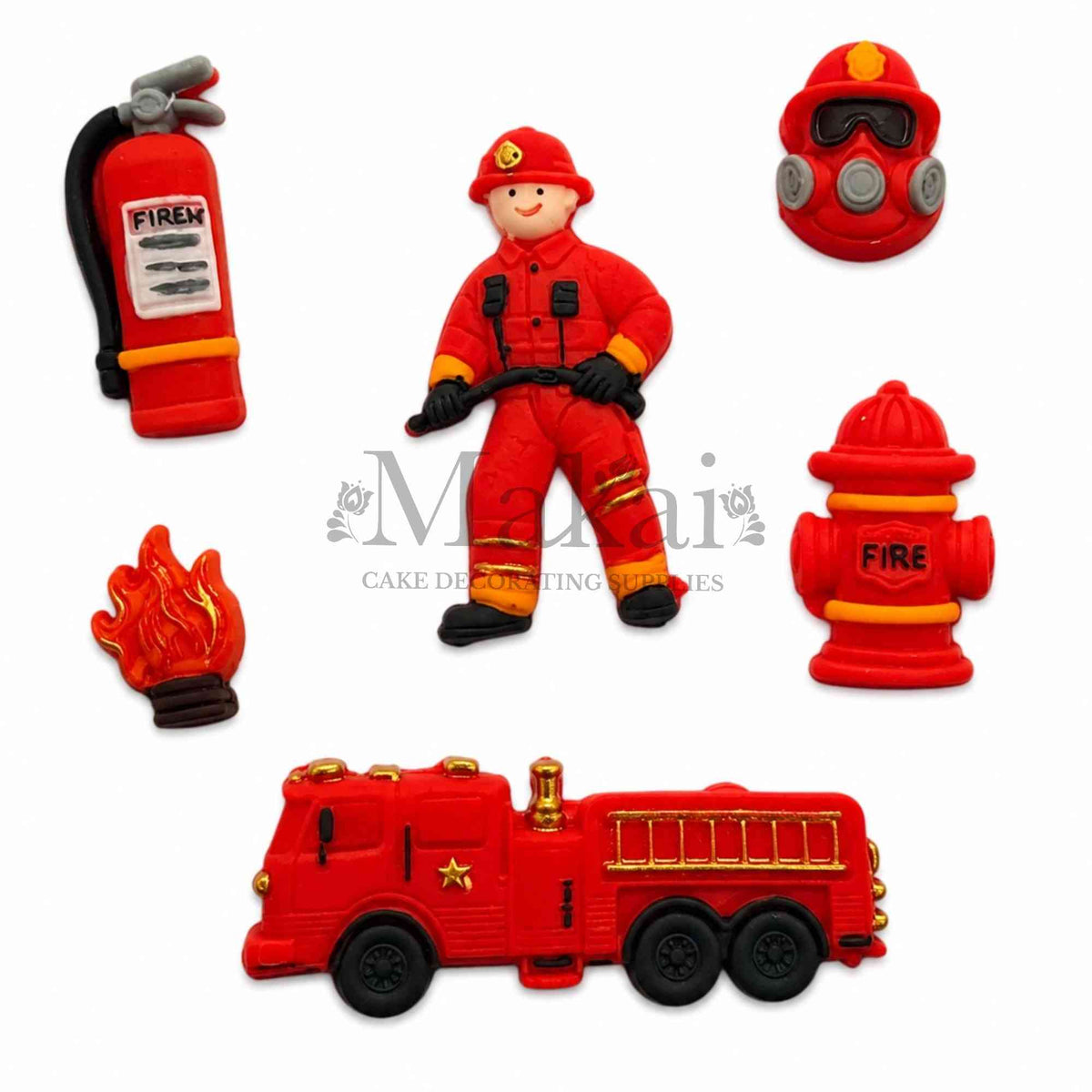 Handmade firefighter fondant cake decoration set with firefighter figure, red fire engine, helmet, fire extinguisher, hydrant and flame.