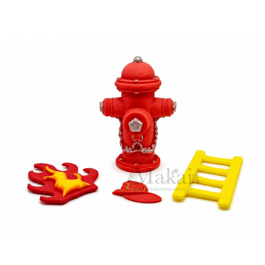 Firefighter fondant cake decoration set with red hydrant, ladder, flame and helmet