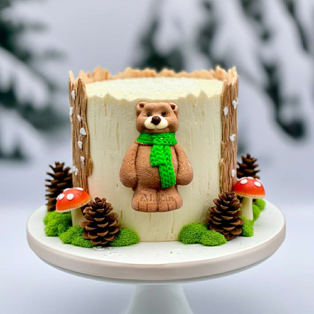 Winter forest-themed cake featuring a cute fondant bear wearing a green scarf, surrounded by pine cones and mushrooms on a snowy base.