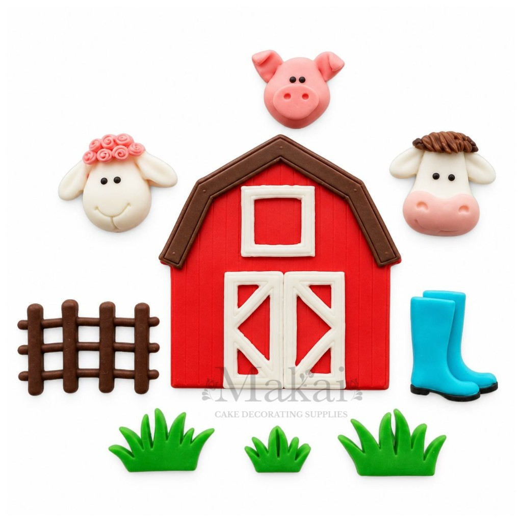 A set of farm-themed fondant cake decorations on a white background, including a red barn with white doors, a pink pig head, a sheep head with pink flowers, a cow head with brown hair, a brown fence, and blue rain boots, with green grass pieces below.