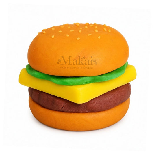 Edible cheeseburger cake decoration with realistic burger and cheese details
