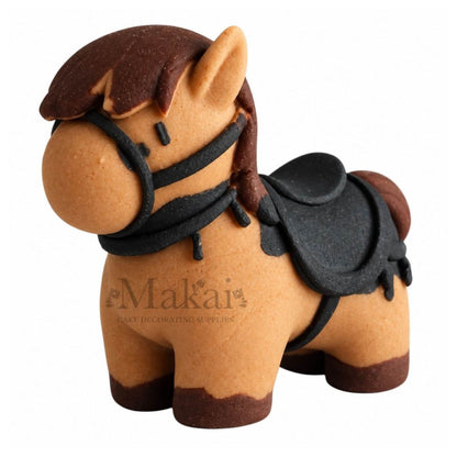 Handmade edible fondant horse cake topper with brown mane, black saddle and bridle, side view.