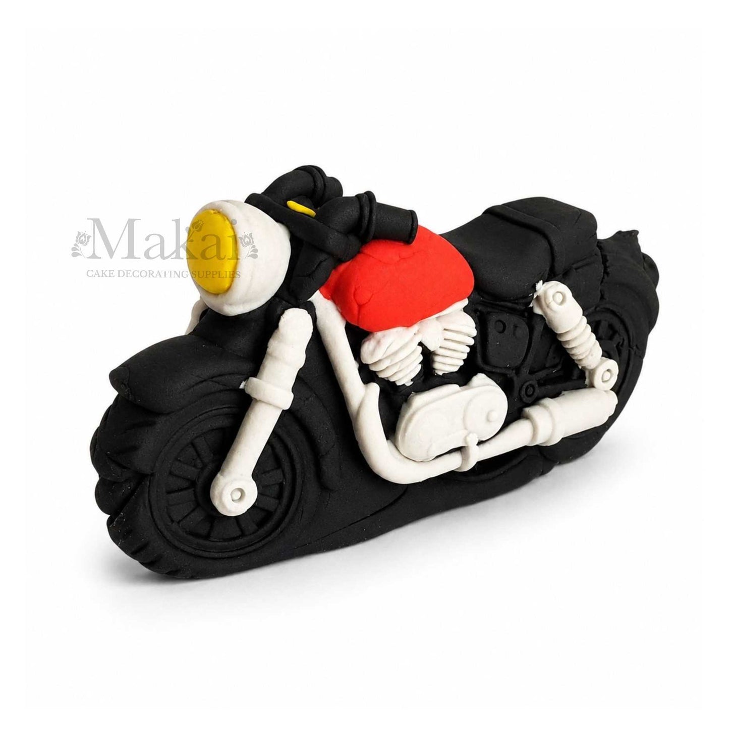 Edible motorbike cake topper with black and red motorcycle design