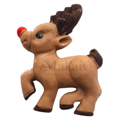 Handmade fondant Rudolph reindeer cake topper with red nose and brown antlers for Christmas cakes.