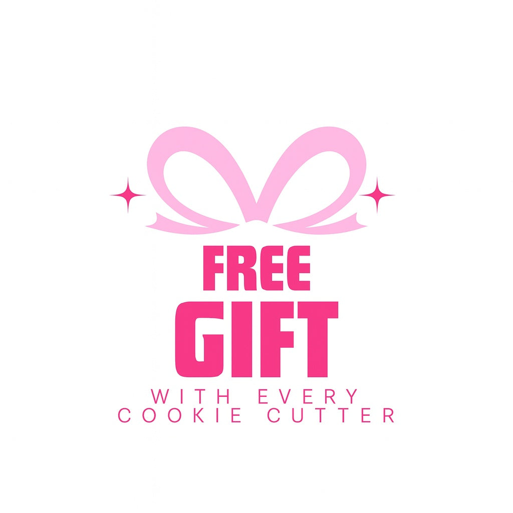 Pink ribbon icon above the text “Free Gift with Every Cookie Cutter”, promoting a complimentary bonus included with each purchase.