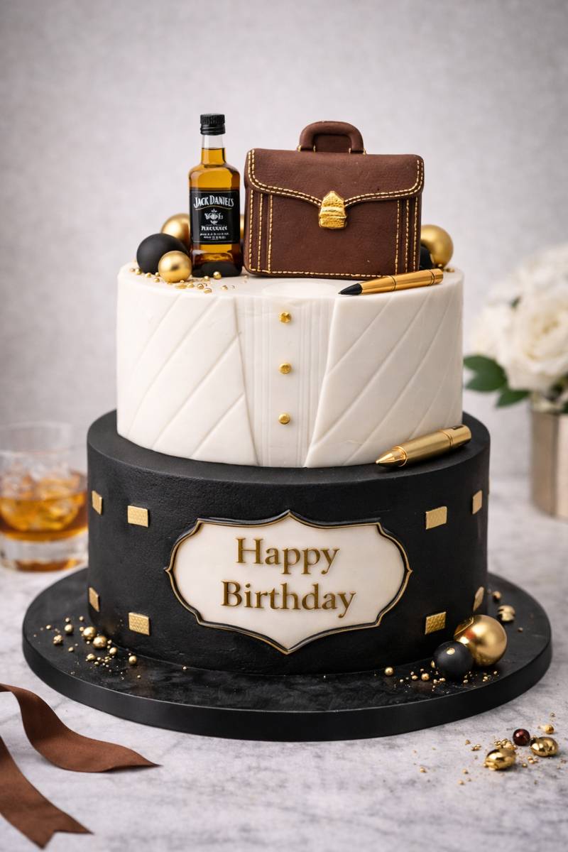 Gentleman briefcase cake topper on masculine two-tier cake with gold details