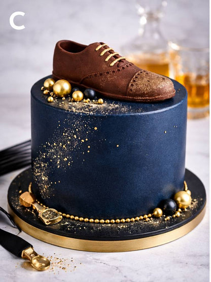 Gentleman themed cake with brown shoe cake topper and elegant gold details