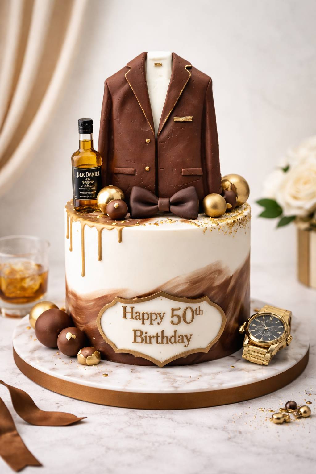 Elegant ivory two-tier cake background with subtle gold accents, designed for a luxury gentleman themed cake topper presentation