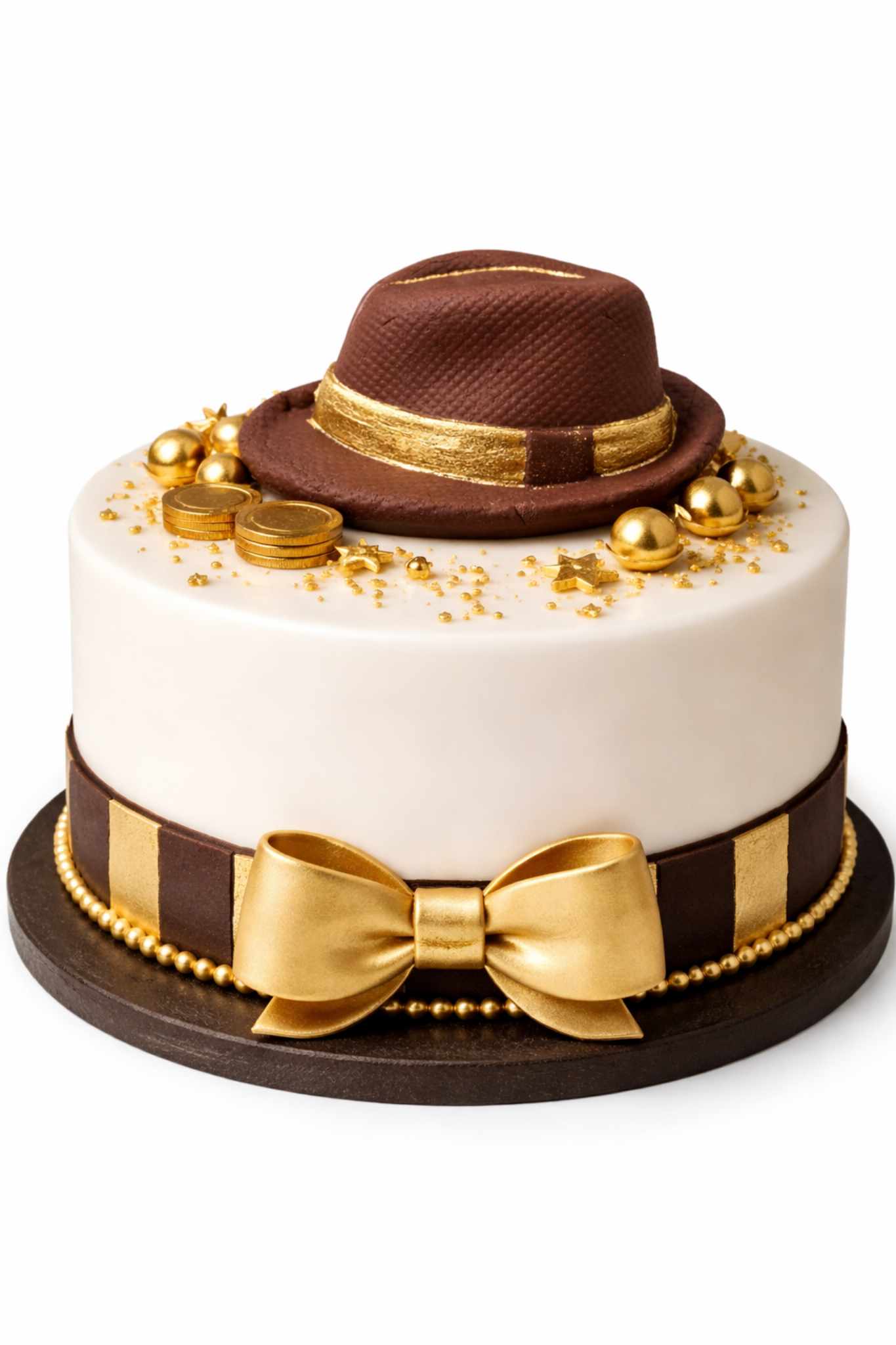 Elegant gentleman style cake with fondant hat topper, gold decorations and luxury black and gold details