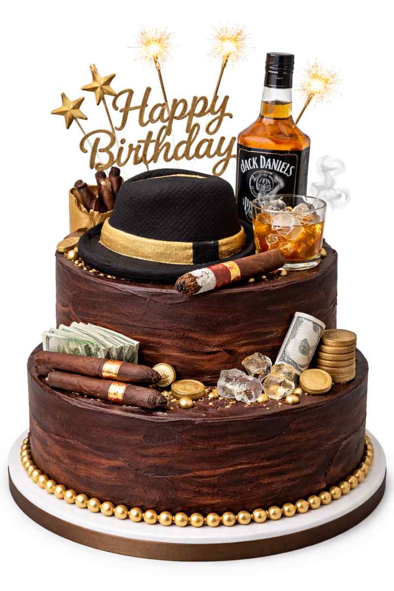 Black and gold gentleman style cake featuring a classic hat cake topper on an elegant luxury birthday cake