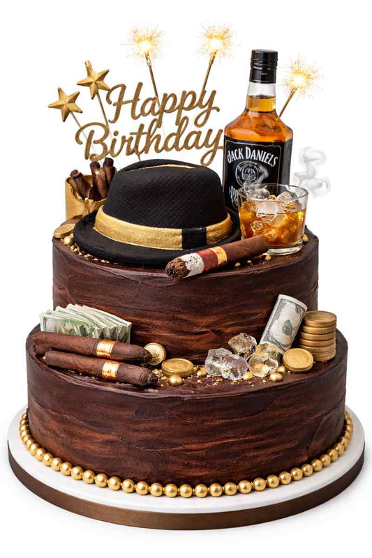 Black and gold gentleman style cake featuring a classic hat cake topper on an elegant luxury birthday cake