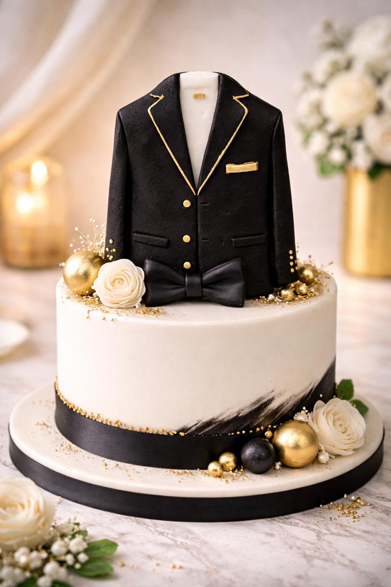 Elegant gentleman suit cake topper placed on a stylish celebration cake, ideal for wedding or formal occasion cakes