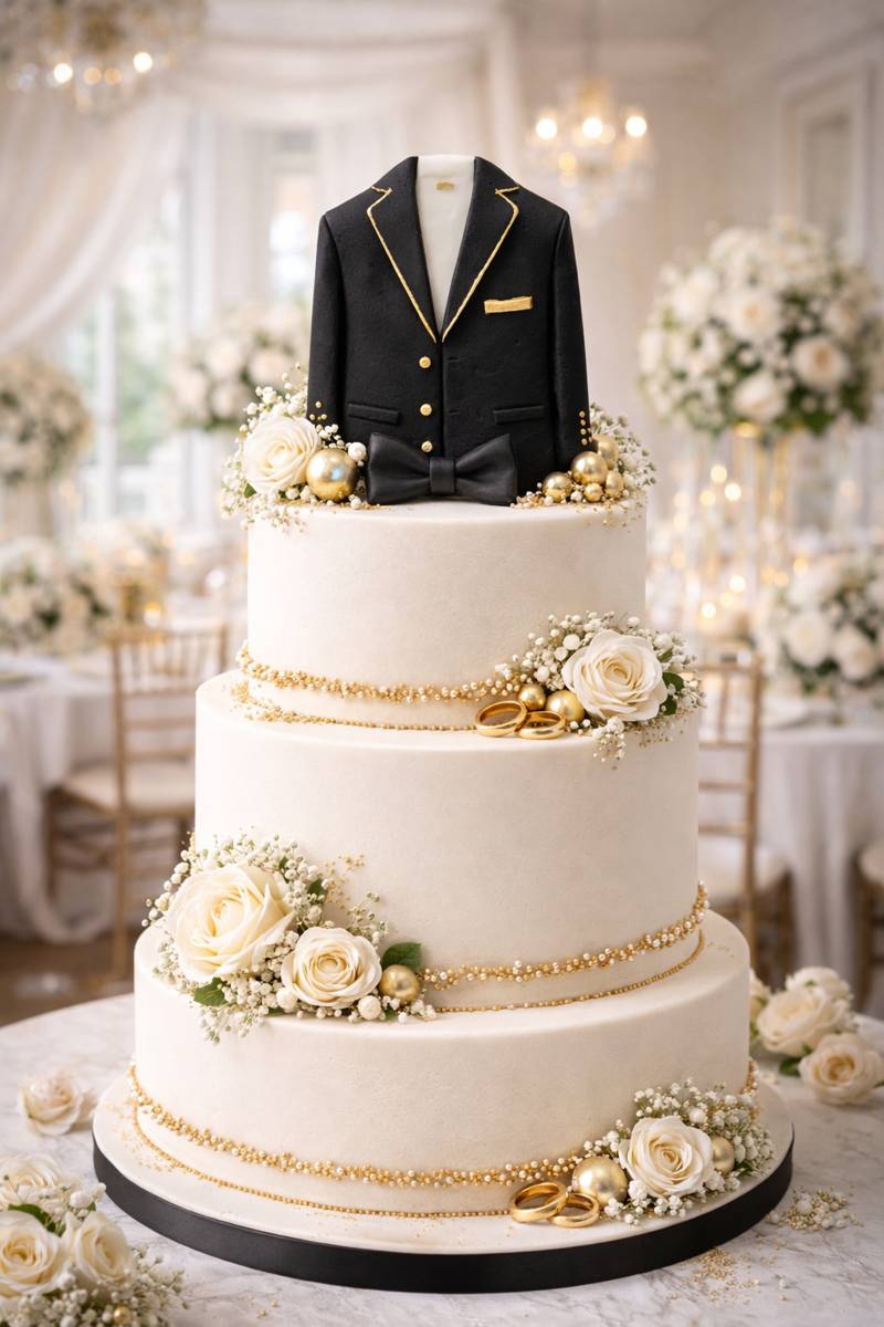 Elegant three tier wedding cake decorated with a gentleman suit cake topper, perfect for groom and wedding celebration cakes