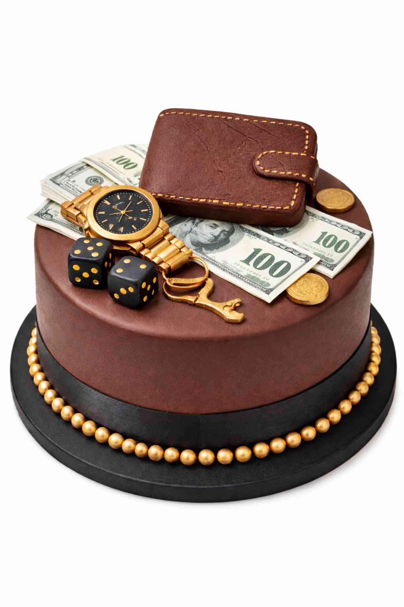 Single tier luxury gentleman style cake with wallet inspired fondant cake decoration in elegant neutral tones