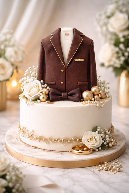 Elegant wedding cake with gentleman suit cake topper, romantic white and gold wedding theme