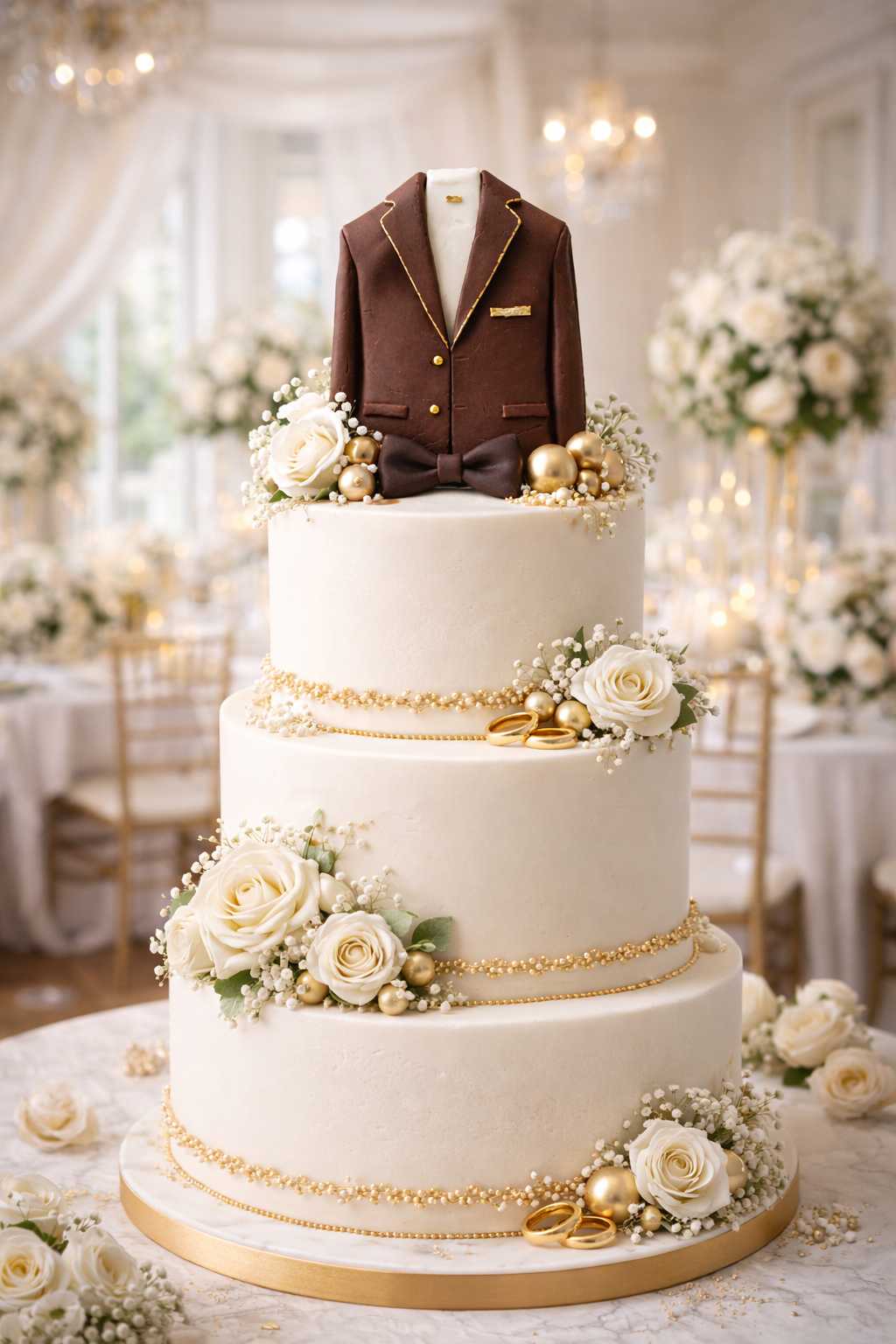 Elegant three tier wedding cake decorated with a gentleman suit cake topper in a classic formal style