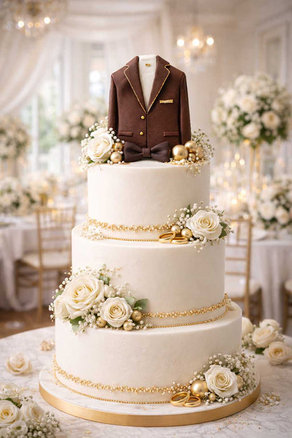 Elegant three tier wedding cake decorated with a gentleman suit cake topper in a classic formal style
